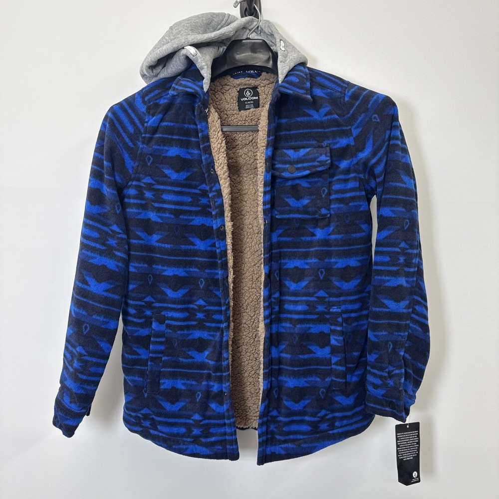 Volcom Boy's Fleece Jacket Blue Black Sherpa Lining Hood NWT Youth XL 18-20 $70